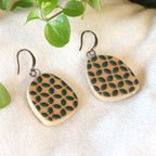 Handmade ceramic earrings with geometrical teal pattern