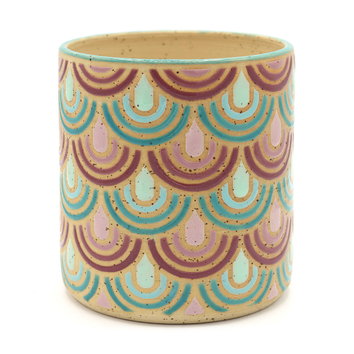 handgemaakte plantpot van keramiek met geometrisch patroon in vrolijke kleuren