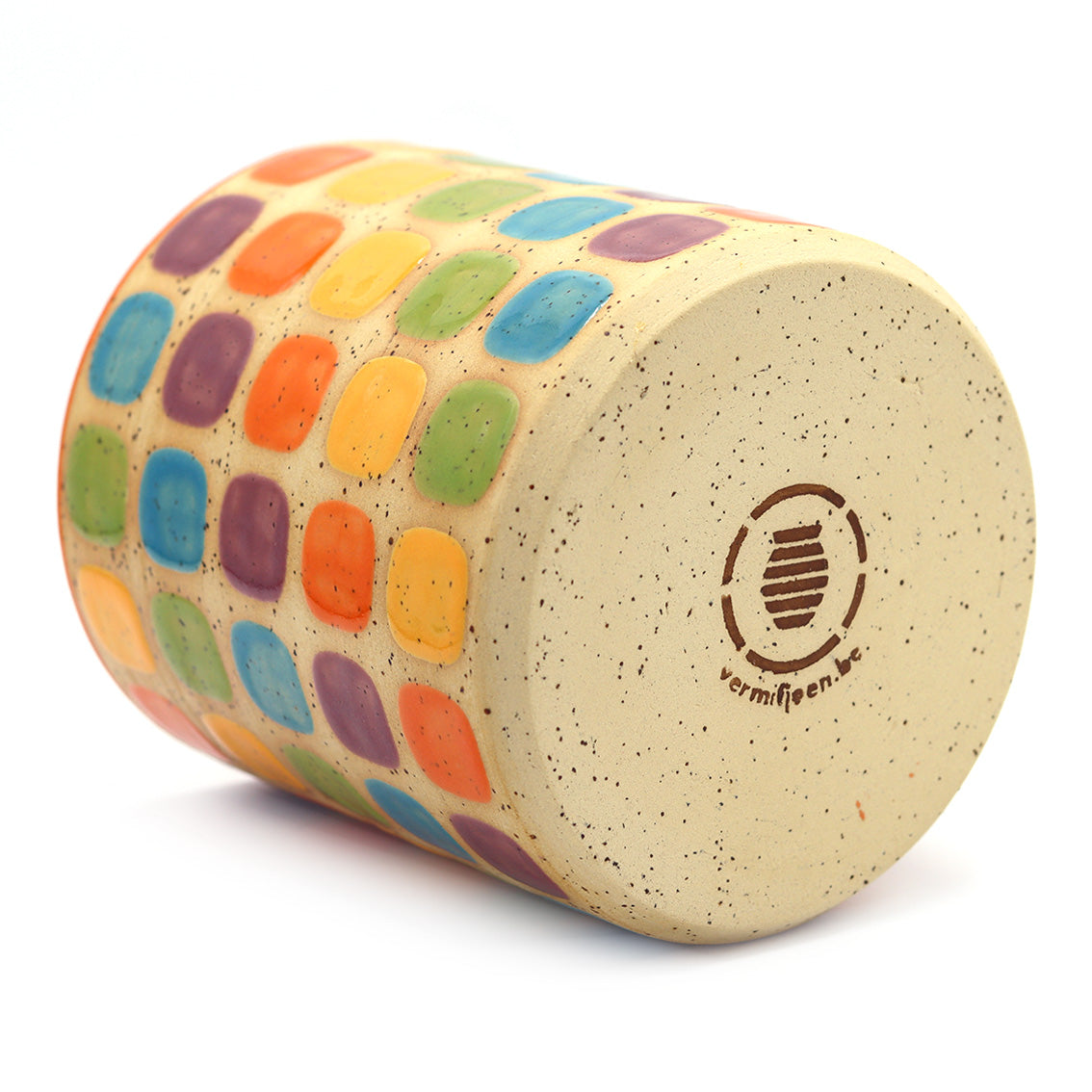 Bottom view of handmade ceramic plant pot and studio vermiljoen stamp