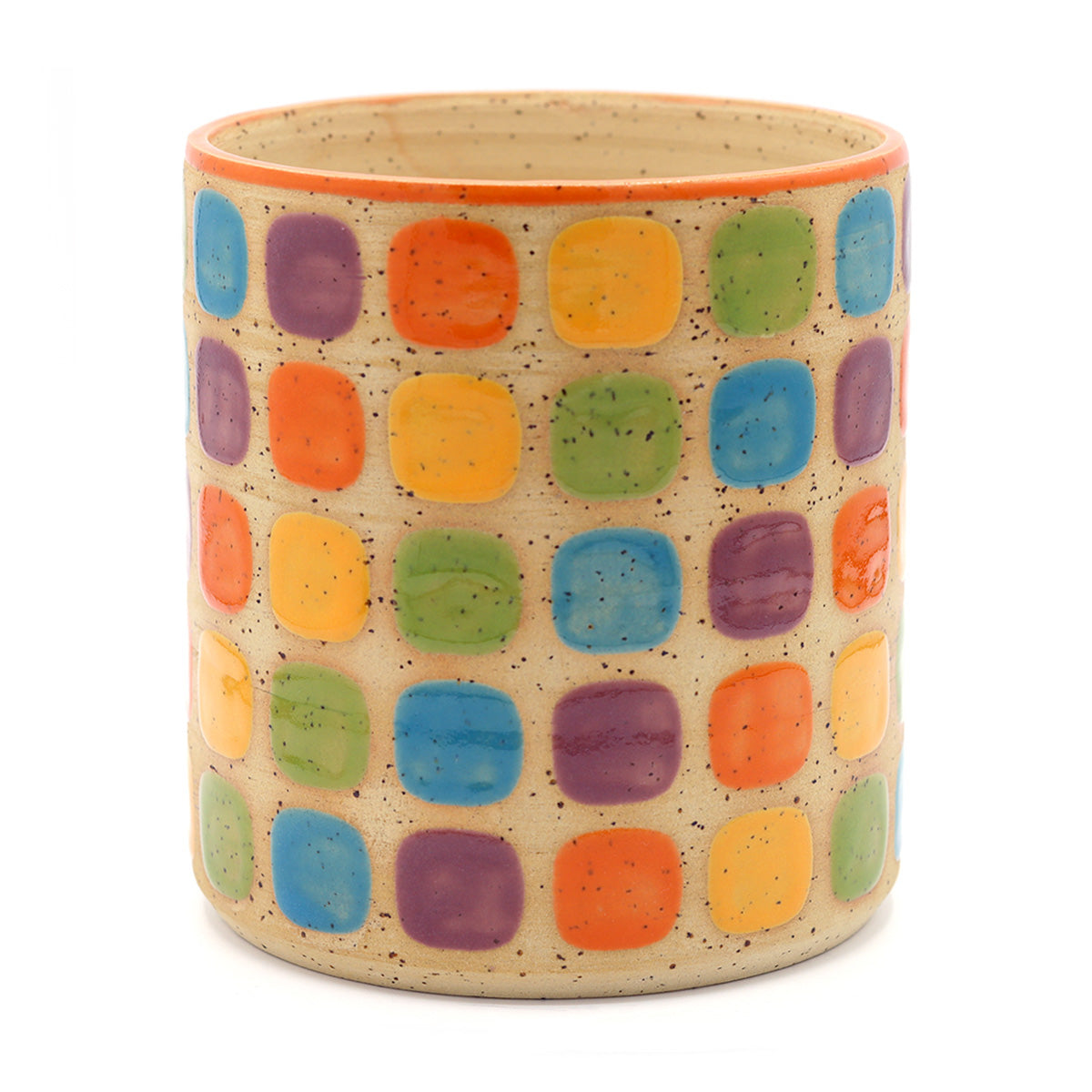 handgemaakte keramieken plantpot met geometrisch patroon in regenboog kleuren