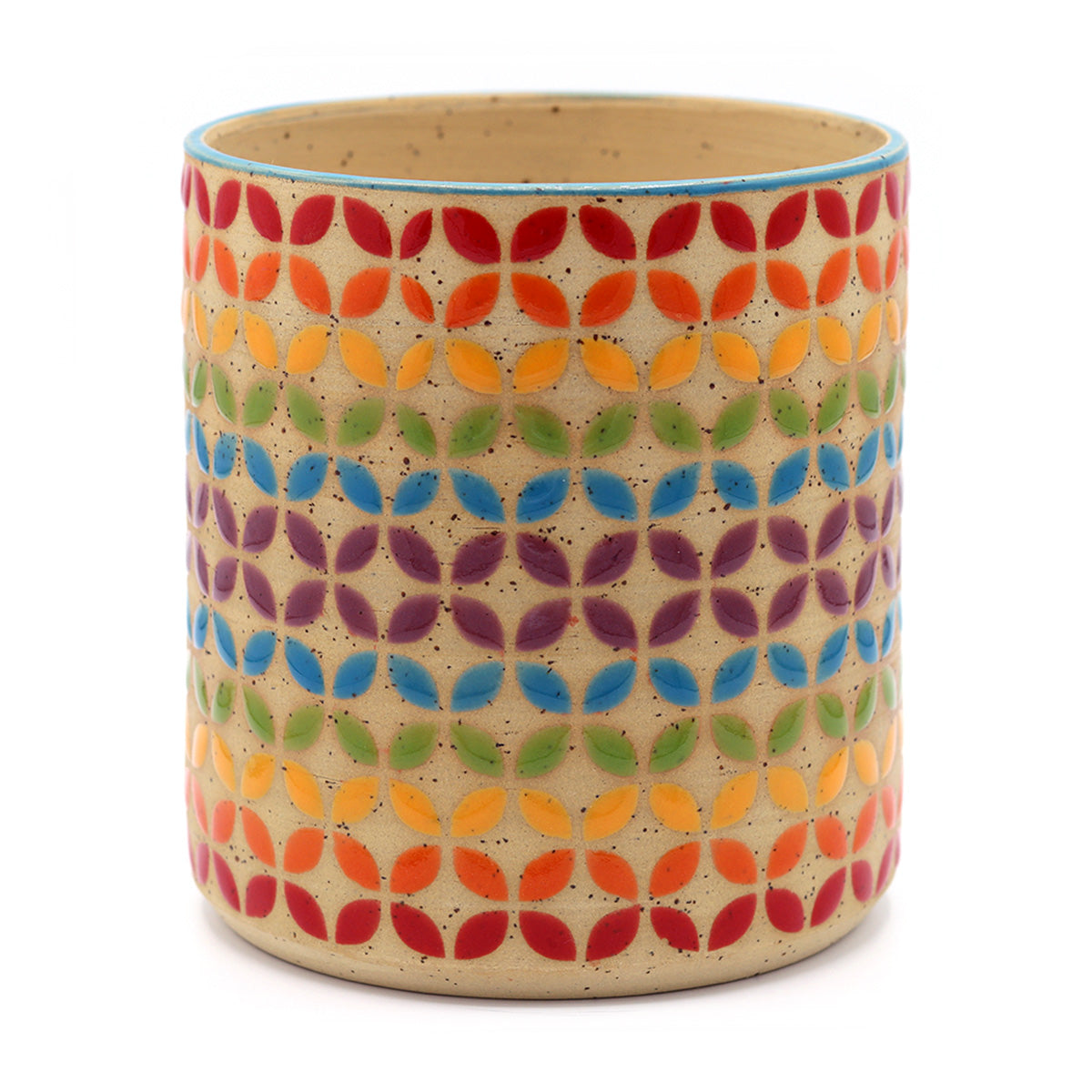 handgemaakte keramieken plantpot met geometrisch patroon in regenboog kleuren