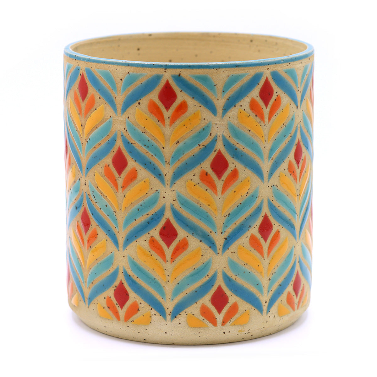 handgemaakte keramieken plantpot met warme kleuren