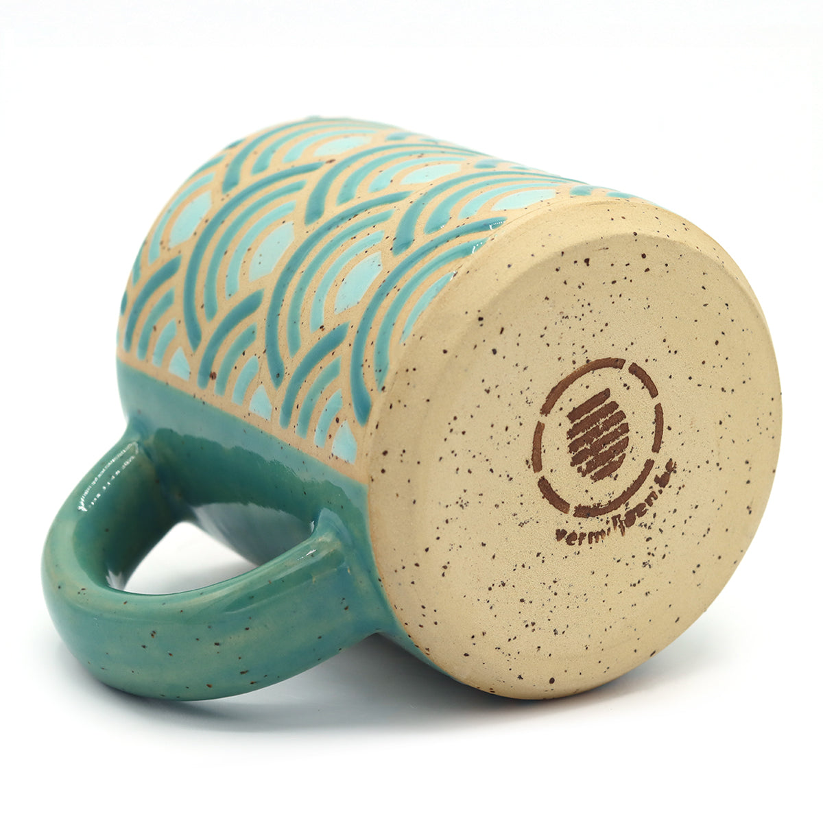 handmade ceramic mug with geometric jade gradient pattern