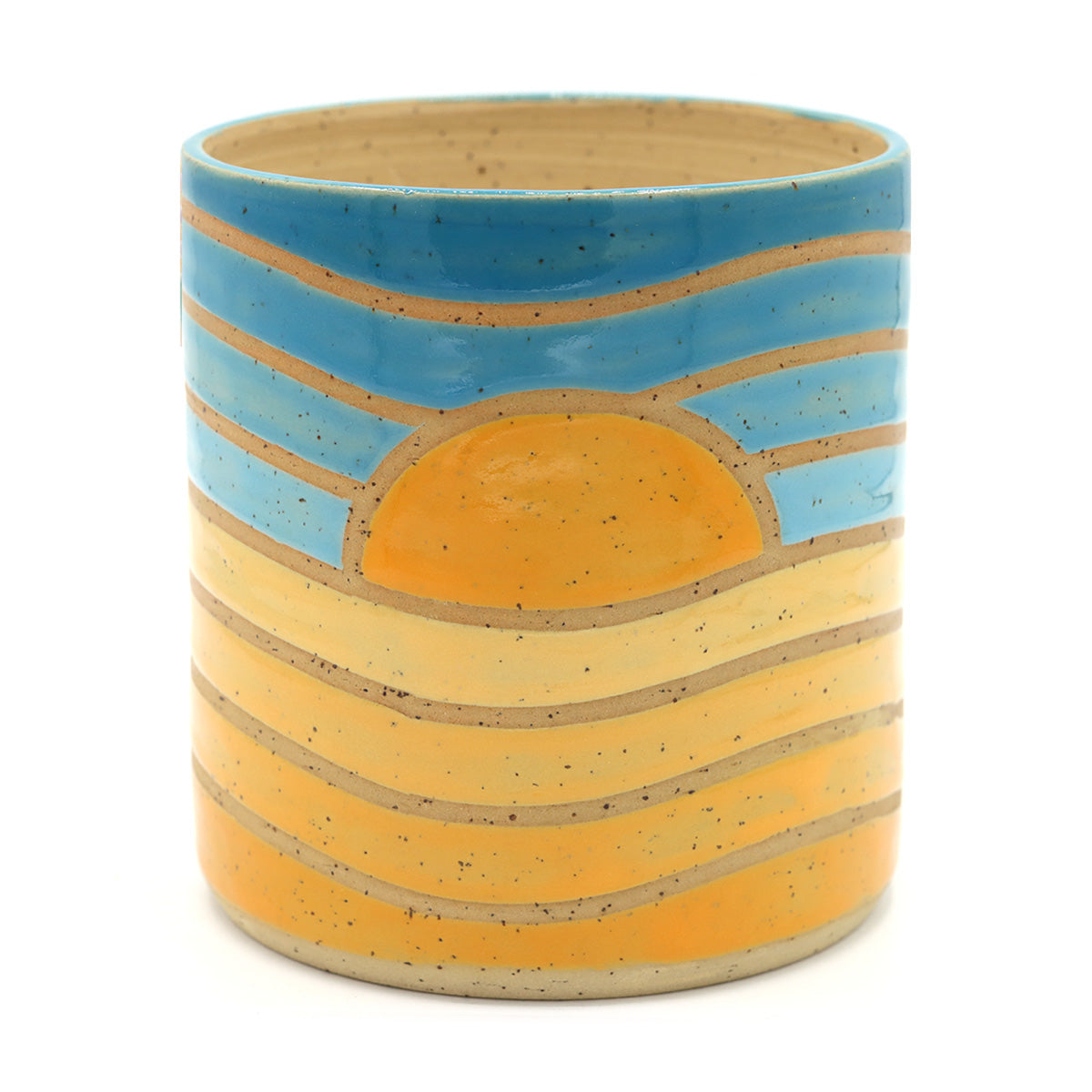 handgemaakte plantpot van keramiek met zonnepatroon in vrolijke kleuren