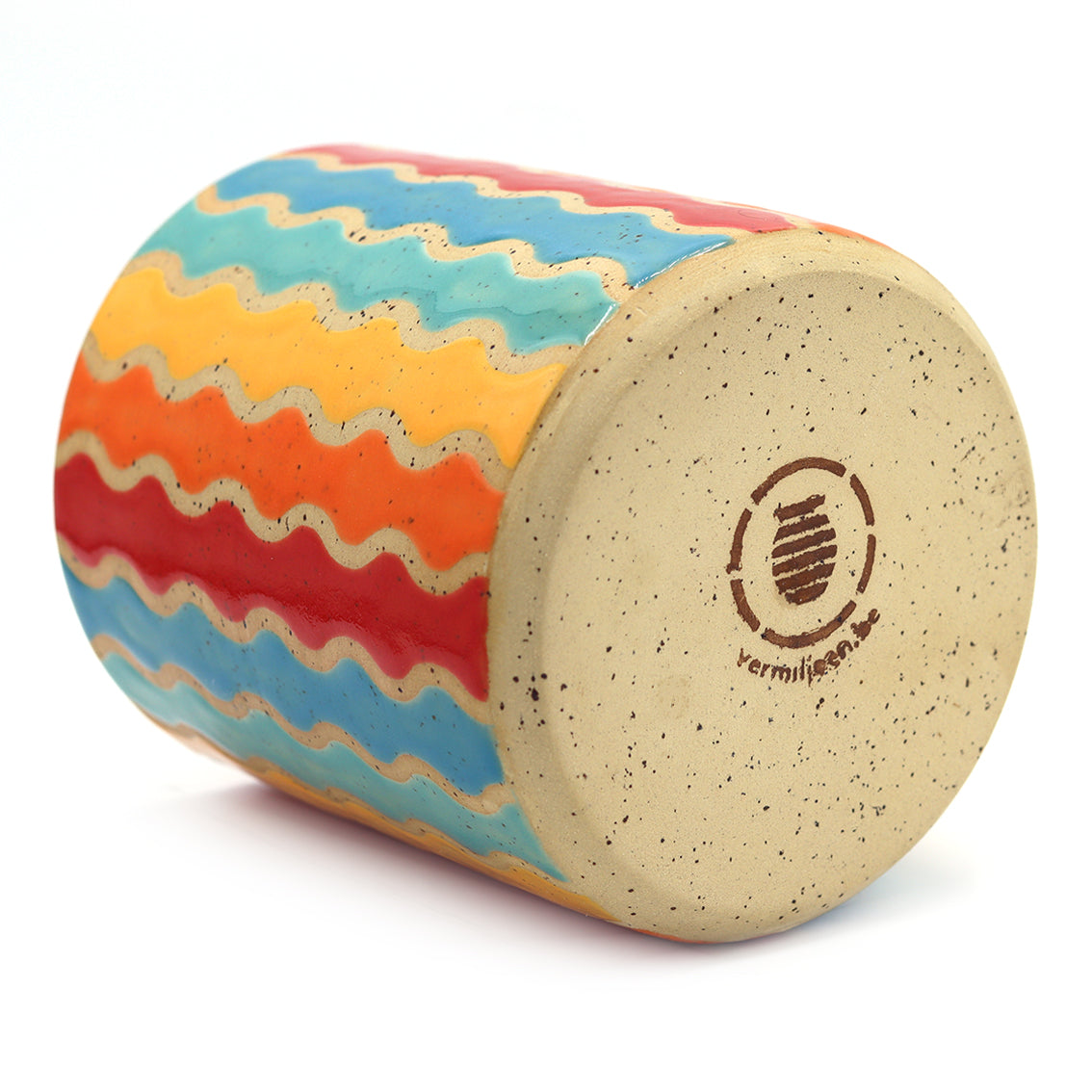 Bottom view of handmade ceramic plant pot and studio vermiljoen stamp