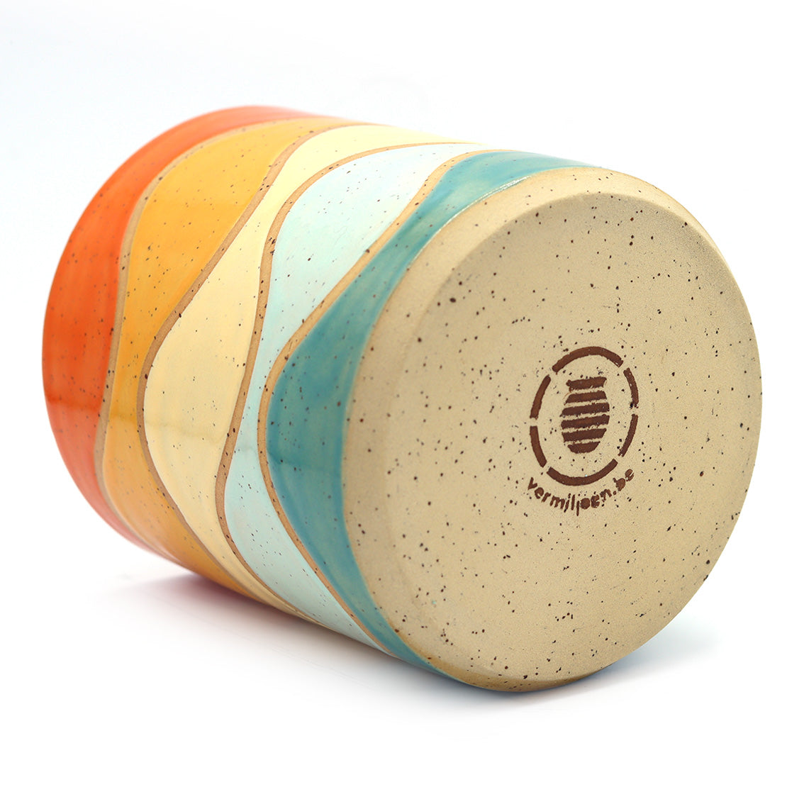 Bottom view of handmade ceramic plant pot and studio vermiljoen stamp