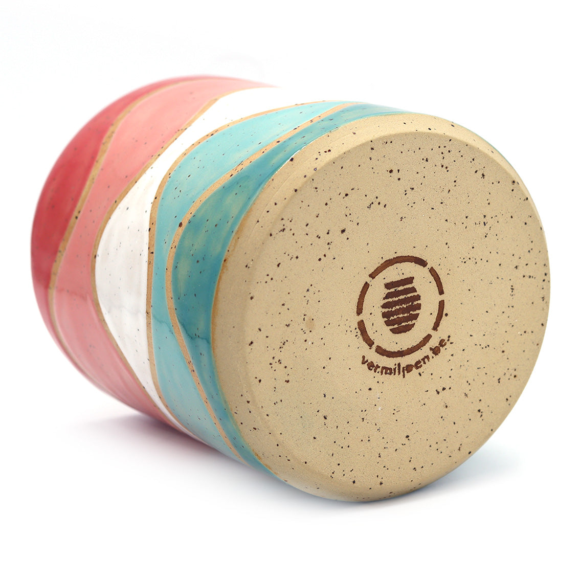 Bottom view of handmade ceramic plant pot and studio vermiljoen stamp