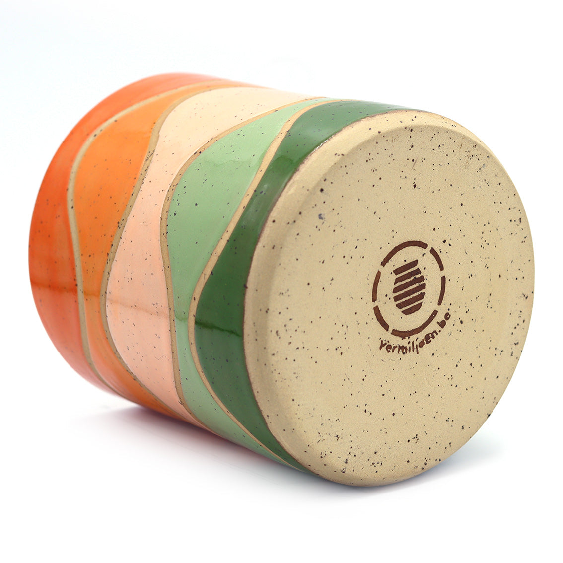 Bottom view of handmade ceramic plant pot and studio vermiljoen stamp